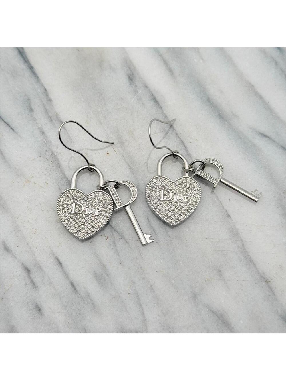 CHRISTIAN DIOR PAVÉ HEART & KEY DROP EARRINGS – SILVER TONE